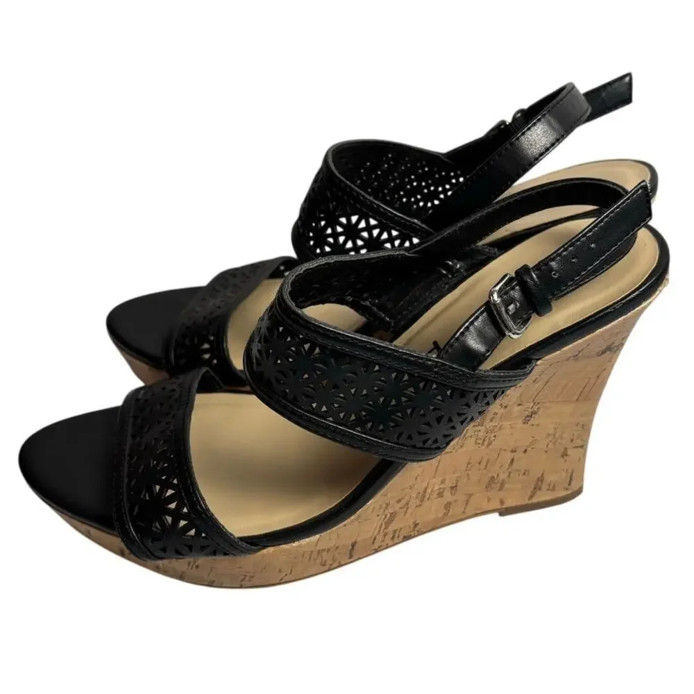 Unisa Black Wedge Geometric Cutout Sandals